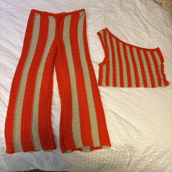 Free People Pants - Free People Vibrant Orange and Beige Knit Ensemble